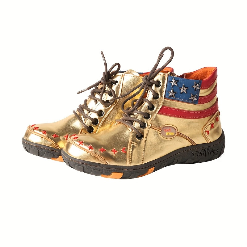 TMA EYES Women's Metal Stripe Patch Hand sewn Casual Sports Golden and Silvery Ankle Boots, Suitable for All Seasons