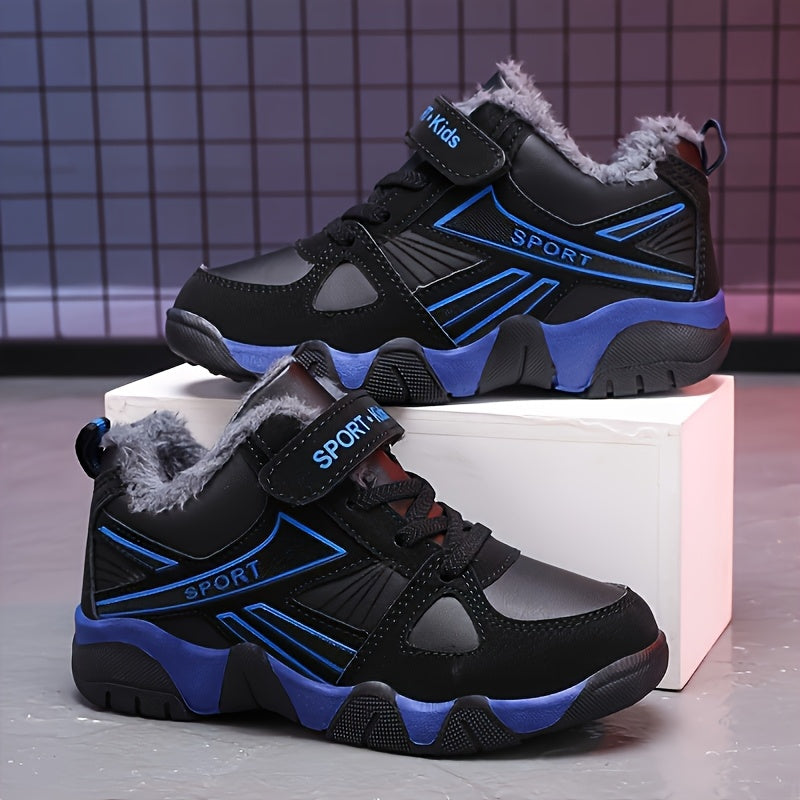Youngsters' Winter Sports Shoes - Boys & Girls, Low-Top Lace-Up with Closure, Upper & Rubber Sole, Black with Blue Accents, Warm Fleece Lining for Outdoor Activities, Running, Hiking, Casual Wear, Winter Sports Gear | Stylish