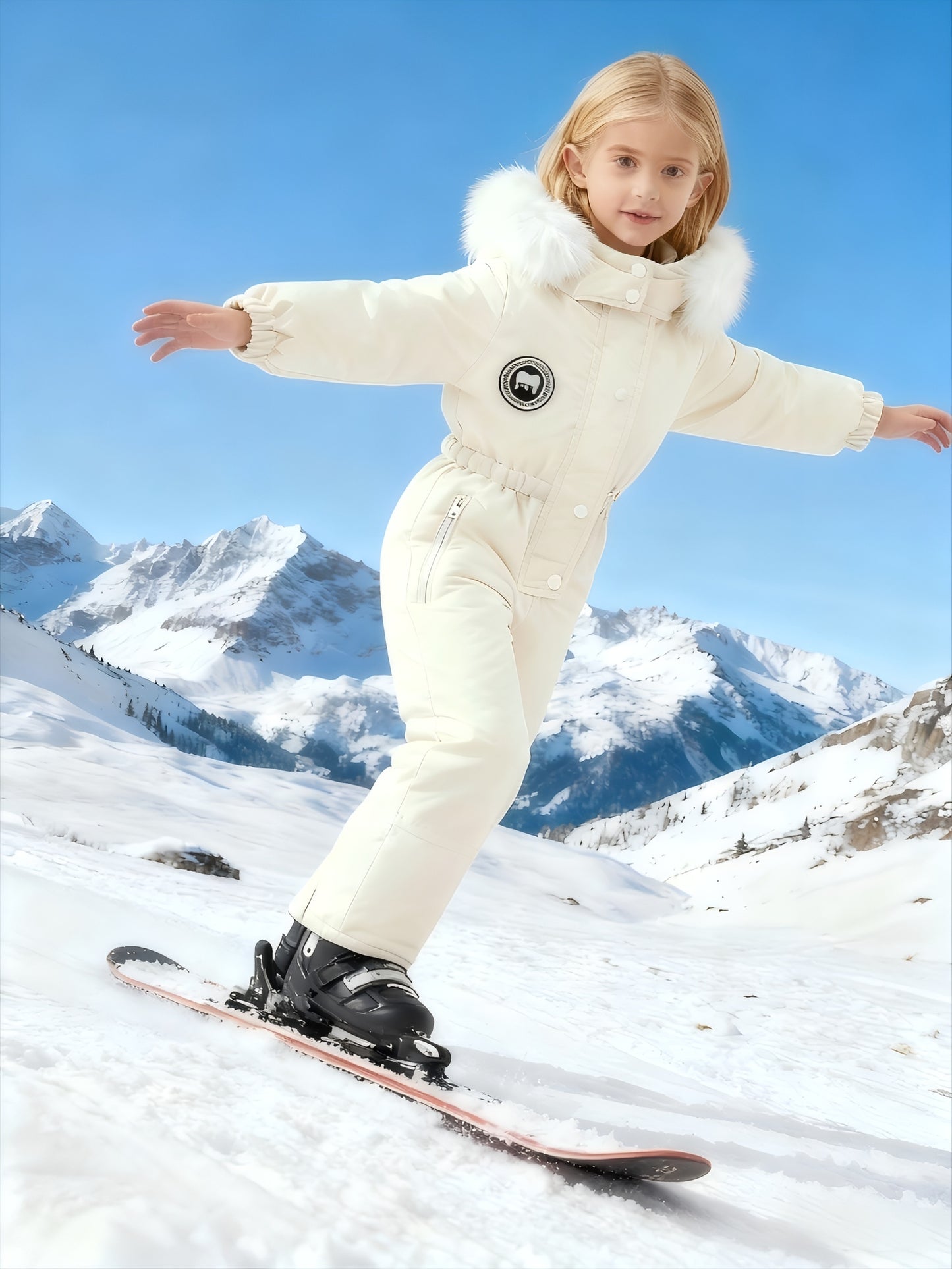 Xuan Yusi Girls' White Ski Suit Jumpsuit - Hooded Winter Ski Outfit with Zipper Closure, Elastic Cuffs & Waist, Non-Stretch Fabric for Skiing, Snowboarding, Skiing Clothes, Adventure Wear, Sporty Design