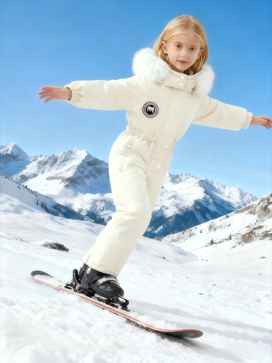 Xuan Yusi Girls' White Ski Suit Jumpsuit - Hooded Winter Ski Outfit with Zipper Closure, Elastic Cuffs & Waist, Non-Stretch Fabric for Skiing, Snowboarding, Skiing Clothes, Adventure Wear, Sporty Design