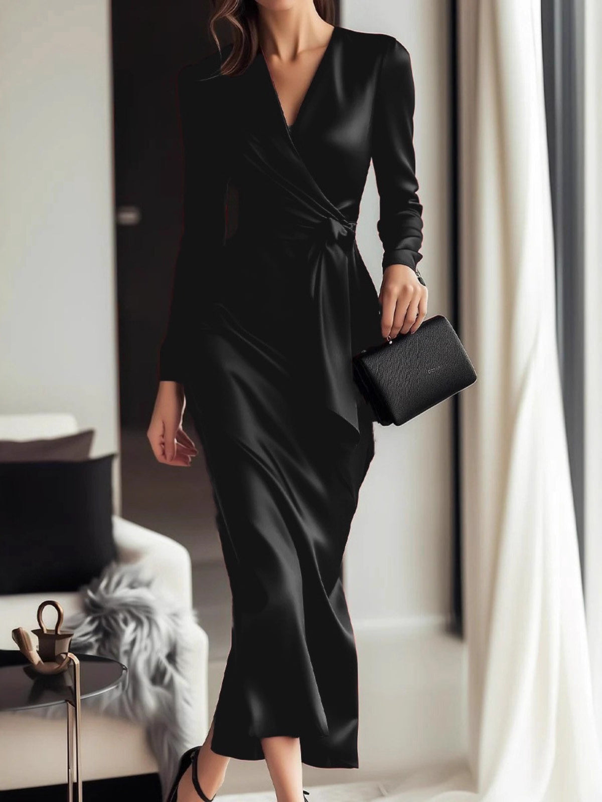 Satin Evening Gown Dress - Deep V-Neck Waist-Cinching Mid-Length Formal Party Wedding Dress, Long Sleeve Fitted gown with , Non- Elegant Prom Night Out Dress