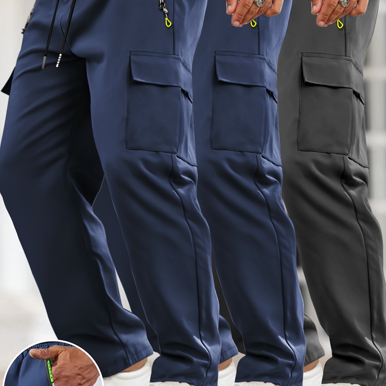 [3pcs Men's Cargo Pants] 3pcs Lightweight Men's Cargo Pants | Drawstring Elastic Waist, Multiple Zipper Pockets & Large Side Pockets | Breathable Regular Fit Casual Outdoor Pants for Spring/Fall (Black/Grey)