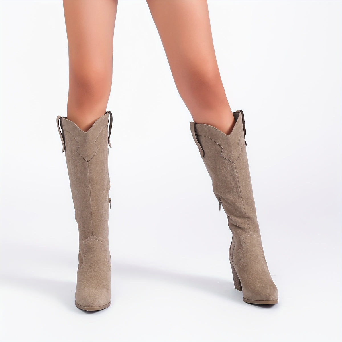 Women'S Western Knee-High Boots with Chunky Heel & Pointed Toe - PU Cover Zipper Closure Mid-Calf Boots for Casual & Formal Outfits, All-Season Versatile Booties, Cowgirl Boots, Formal Footwear, Durable Tpr Sole