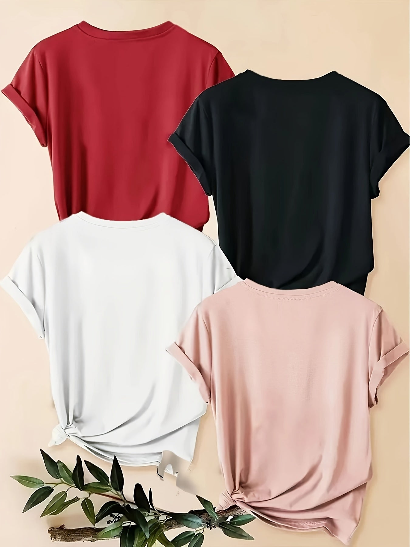 [Basic T-Shirts] 4pcs Basic Women's Letter Print Round Neck Short Sleeve T-Shirts