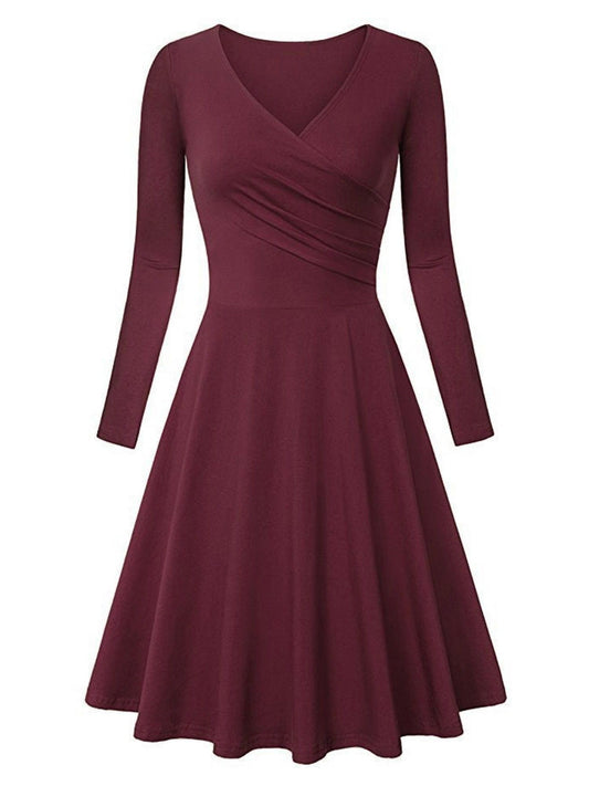 Women's Elegant V-Neck Long Sleeve Bodycon Dress with Chest Ruching & Flared Hem - -Length Winter Wedding Guest Dress, Formal Party Gown, Machine Washable (No Dry Clean) - Solid Color A-Line Silhouette
