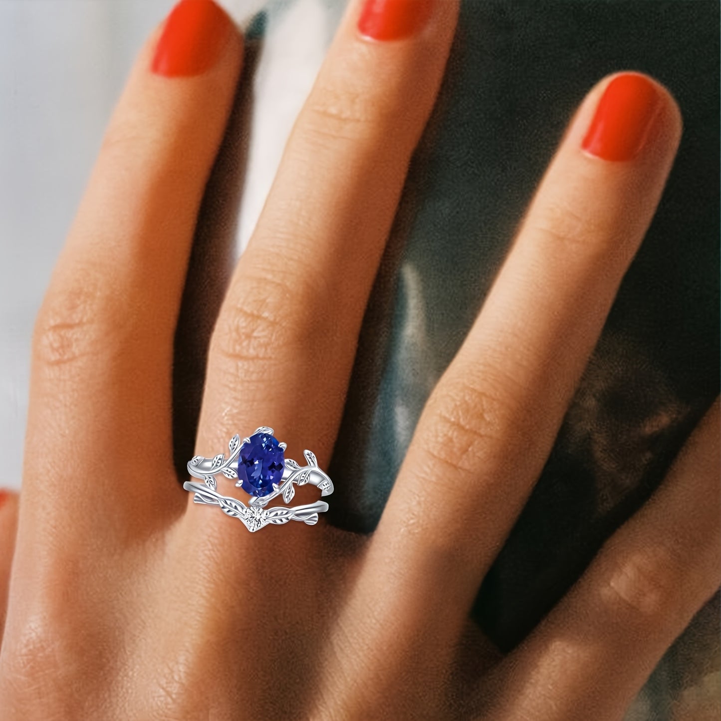Natural Tanzanite Engagement Rings Set for Women 925 Sterling Silver Oval Shaped Tanzanite Leaf Ring Unique Bridal Wedding Rings