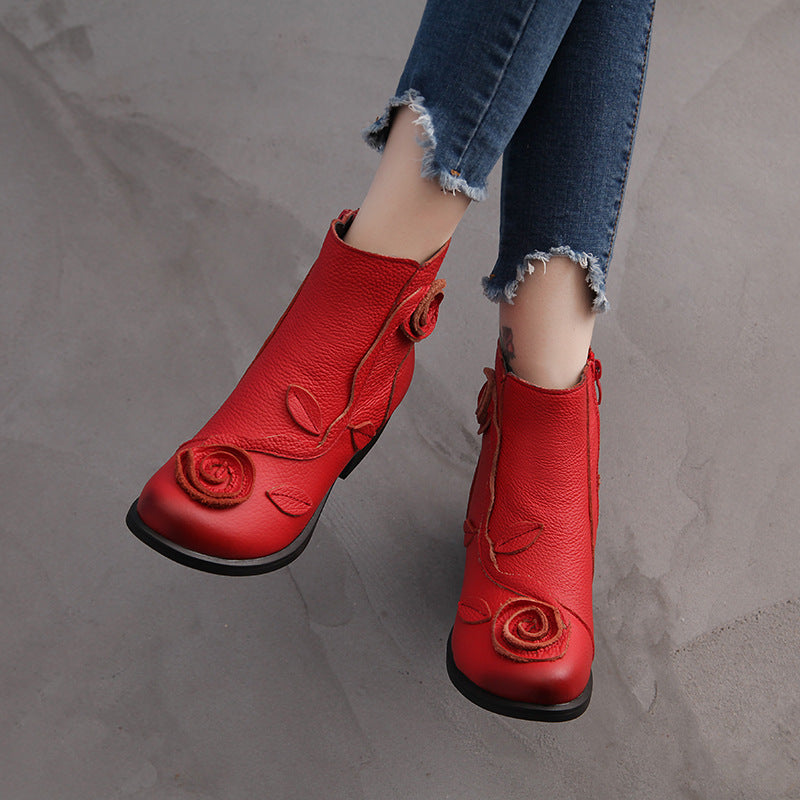 Women'S Genuine Leather Chunky Mid-Heel Ankle Boots with Hand-Stitched Floral Design - Round Toe Zipper Closure, Retro Western Style, Plush & Cushioned Insole, Red/ Colorway, Durable Rubber Sole - Hand Washable Winter Boots f