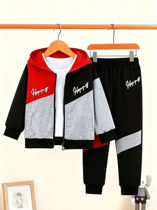 2pcs - Targeted Development Of Autumn And Winter New Boys' Fashion Long Sleeved Pants Set Pattern Baseball Jacket Outer Coat Splicing Cool Printed Sports And Leisure Outdoor Set, Perfect for Outdoor