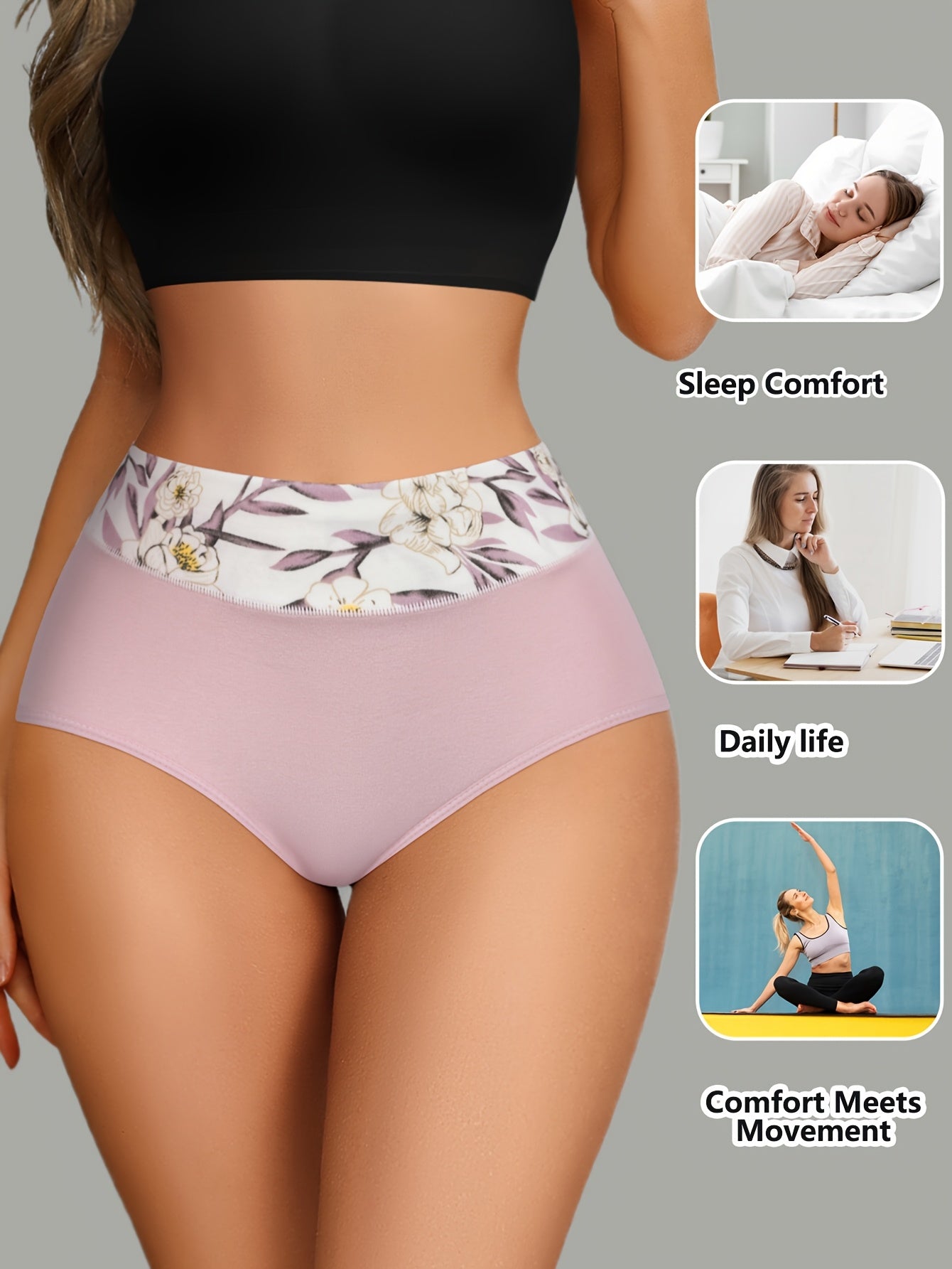 8pcs Women's Floral Print Underwear - Soft Pink with White & Black Flowers, Breathable Elastic Waistband, Fashionable Romantic Briefs for Daily Wear, Comfortable & Stylish, Daily Wear Underwear | Floral Print Briefs | Breatha