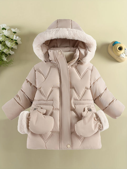 Girls' Pink Winter Snowsuit with Hooded Collar & Gloves - Cozy Mid-Length Jacket, Long Sleeve, Zip-Up, Lining, Flared Hem, Regular Fit, Fall/Winter Outerwear