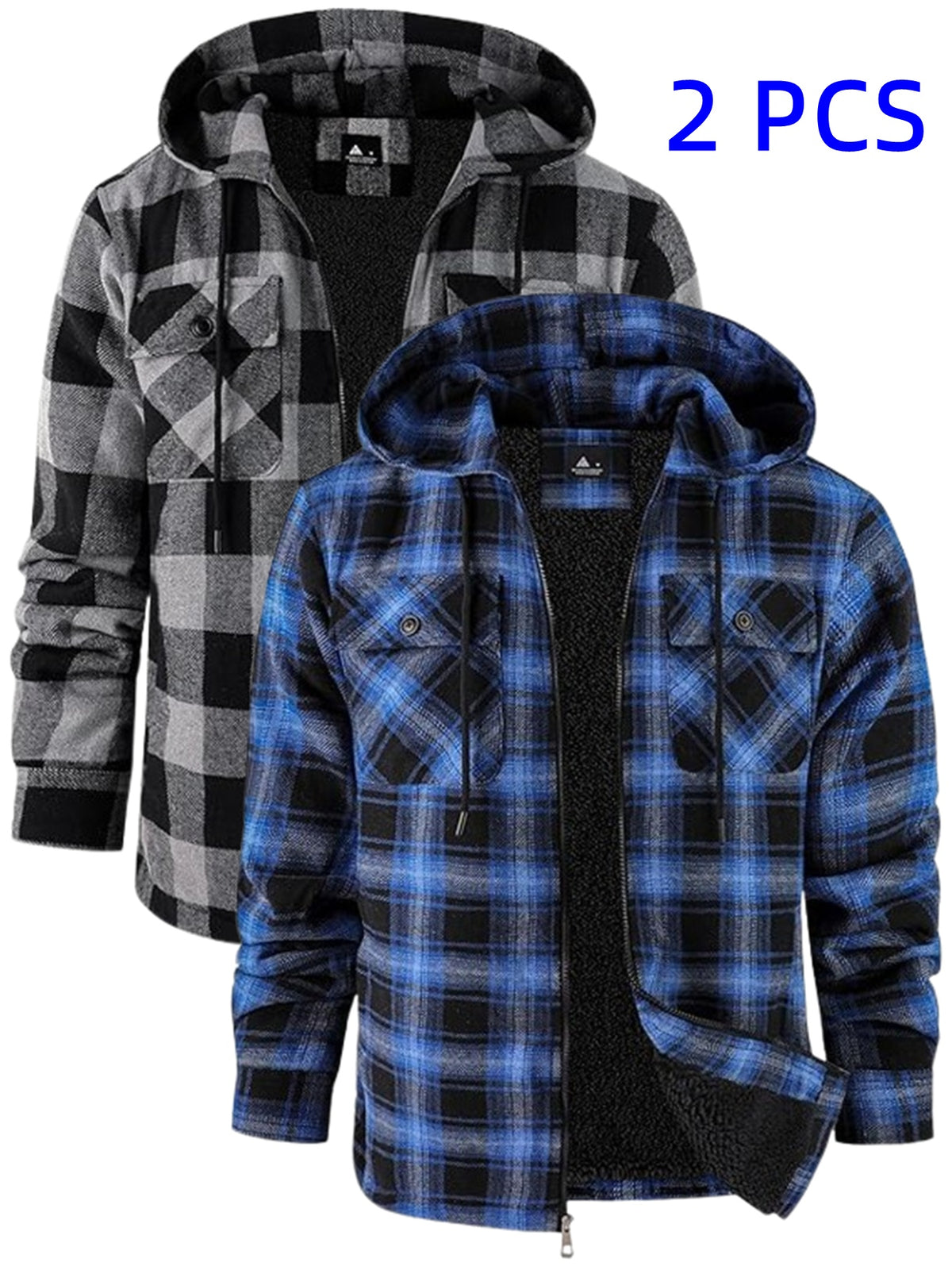 2pcs Men's Heavyweight Winter Jacket & Coat Set - Plaid Hooded Outdoor Windproof with Zippered Pockets, Machine Washable Cold-Weather Outerwear (Jackets/P Coats)