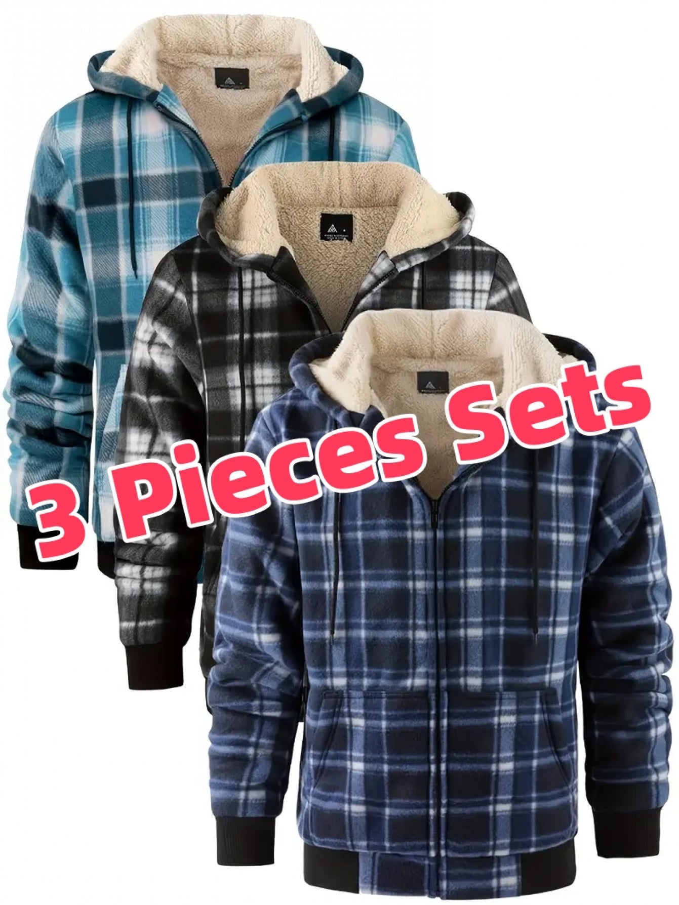 3pcs Sets Flannel Plaid Shirt Jacket for Men Lined Zip Up Hoodies Shirts Jackets, Hoodie, Jacket for Men Plus Size, Hoodies for Women, Plus Size Hoodies for Men, Casual Wear, Seasonal Fashion, Plaid Design, Classic Hoodie, Du