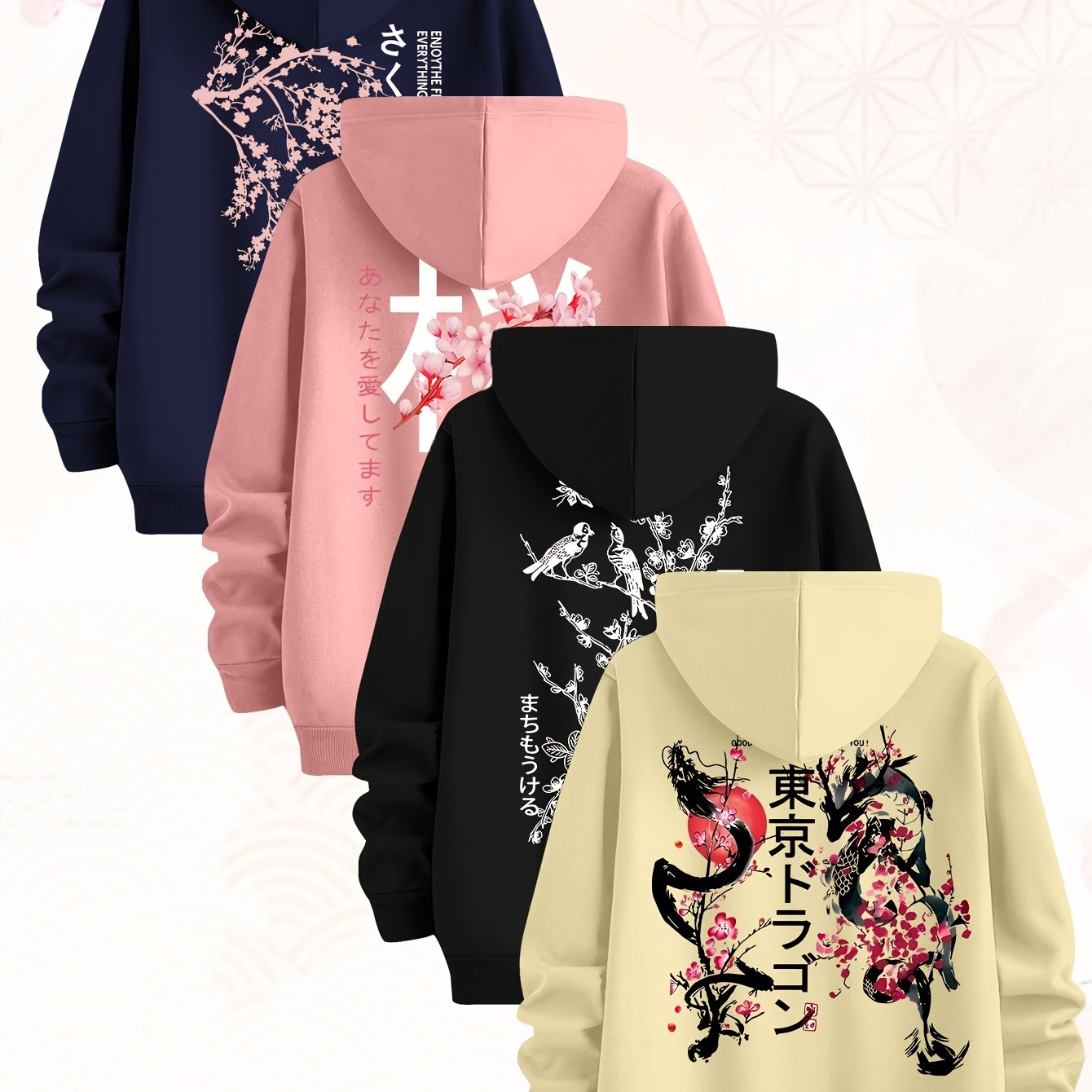[Set of Four Hoodies] Tokyo Japanese-Style Cherry Blossom Pattern Sweatshirt, Set of Four Men's Hoodies, Made of Polyester Knit Fabric, Casual Style, Regular Fit Hoodies