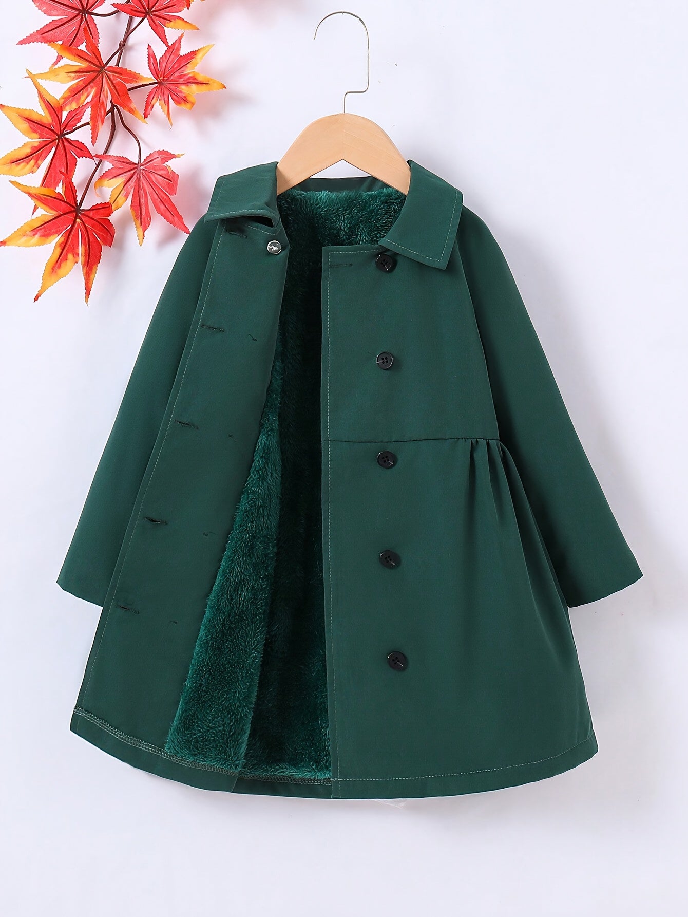 Girls' Cozy Fleece-Lined Double-Breasted Jacket - Solid Color Long Sleeve Casual Coat with Lapel Collar, Button Front & Side Pockets for Fall/Winter Outdoor Play, Hiking & Casual Attire, Hiking Apparel, Durable Outerwear, Gir
