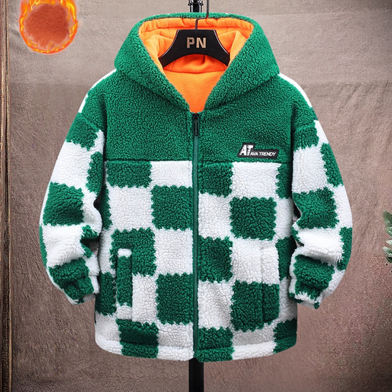 ' Fleece-Lined Thickened Lamb Fleece Coat with Plaid Pattern & Full-Zip Closure - Warm Winter Jacket, Soft Lining, Casual Collar, Green/ Checkered Design for Autumn & Winter, Stylish & Versatile Outerwear, Cold Weather Clothi