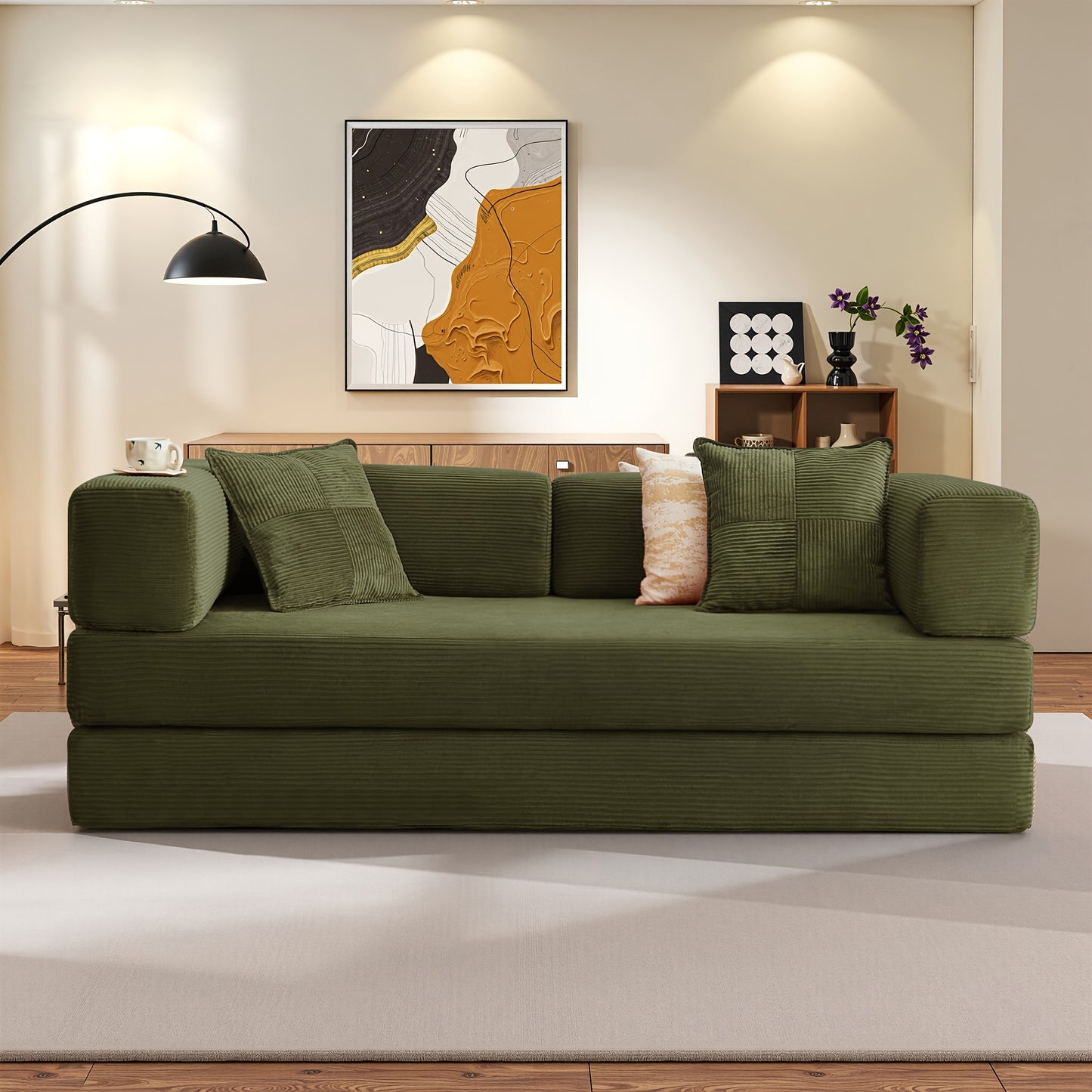 LIAROO Cloud Boneless Convertible Floor Sofa Bed, 4-in-1 Foldable Compressed Loveseat Lounge Sleeper 2 Seater Couches, High-Density Sponge & Corduroy Fabric Futon Daybed for Living Room Bedroom, CompressionSofa In Box, Couche