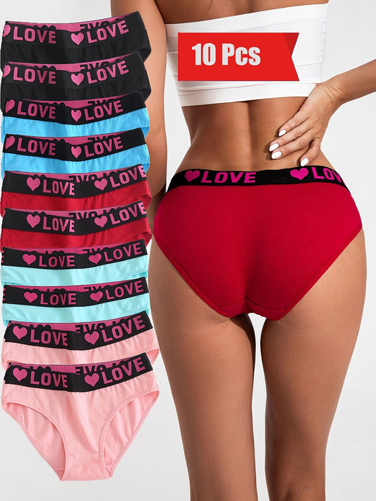 [10pcs Comfortable Heart Briefs] 10pcs Women's Love Heart Pattern Briefs - Comfortable, Breathable, Wide Waist Underwear in Assorted Colors (Pink, Black, Blue, Red) | Fashionable & Stylish Design for Casual Attire | Medium El
