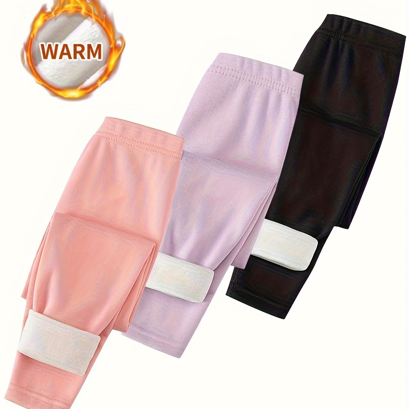 [3pcs Girls' Thermal Leggings] 3pcs Girls' Thermal Leggings - Thick Winter Running Pants with High-Stretch Tummy Control, 6 Color Options (Black/Dark Brown/ Grey/White/Navy/Beige) - Full-Length Athletic Wear for 3-12 Years, G