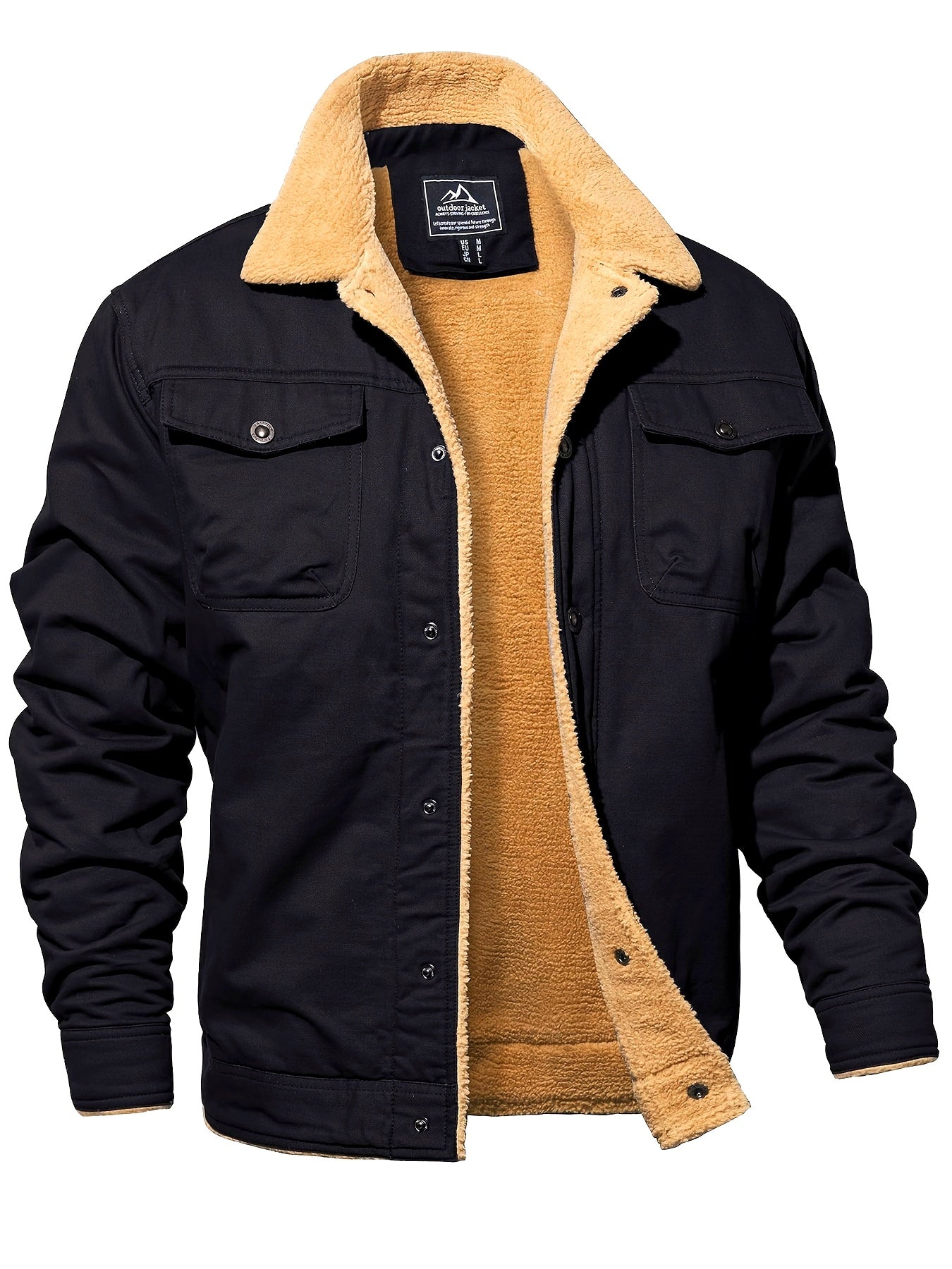 Men's Winter Jacket, Casual Grain Feel Fleece Washed Fabric Thick Soft Cozy Warm, Twill Texture Multifunctional Pocket Open Placket Metal Buckle, Trucker Style, Outdoor Running Hiking Climbing Camping Traveling Fishing Daily