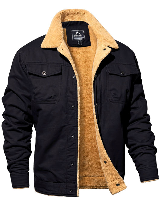 Men's Winter Jacket, Casual Grain Feel Fleece Washed Fabric Thick Soft Cozy Warm, Twill Texture Multifunctional Pocket Open Placket Metal Buckle, Trucker Style, Outdoor Running Hiking Climbing Camping Traveling Fishing Daily