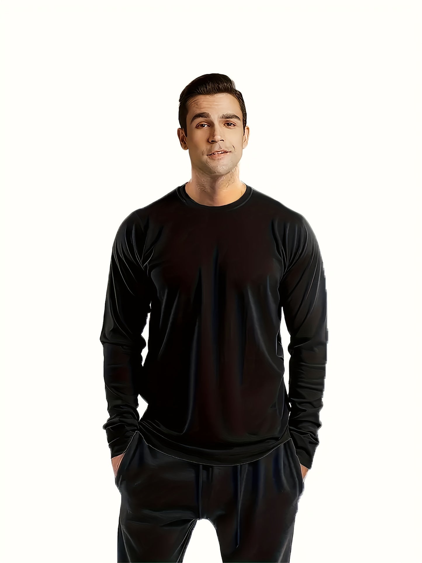 [Quick-Dry Athletic Tops] 10pcs of 10 Men's Long Sleeve Crewneck Shirts in Deep Red, Black, Navy, Army Green, White, Gray, Khaki, Black, Navy, Army Green - Quick-Dry Athletic Tops for Fitness, Casual Outdoor Wear, and Body Sh