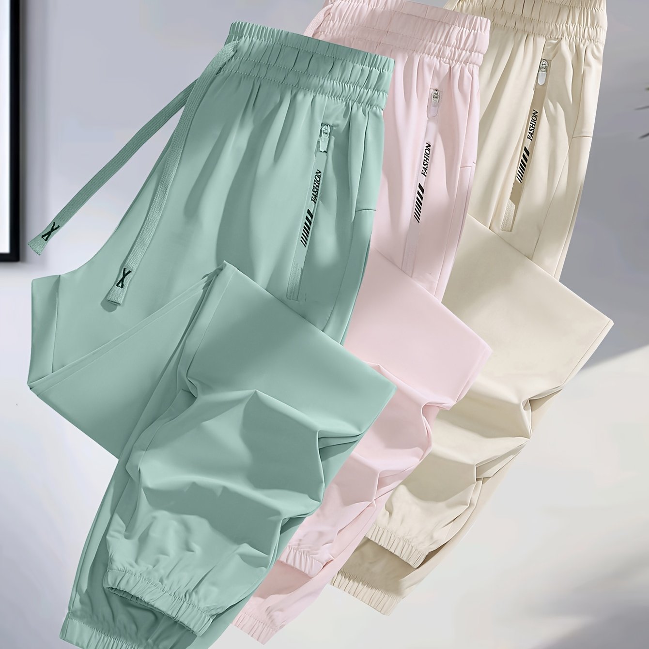 [3pcs Colorful Summer Joggers] 3pcs Women's Summer Casual Sports Pants | Ice Silky Fiber Fabric, Breathable, Elastic Waist, Tapered Running Cycling Joggers | Colorful