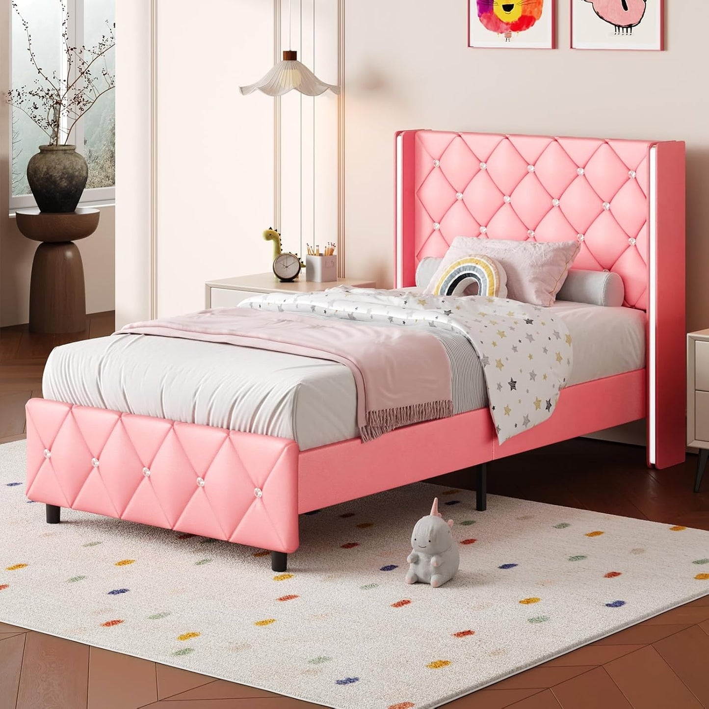 Twin Full Queen King Size Bed Frame, Upholstered Bed Frame with Diamond Tufted Headboard, Modern Silvery Side Wing Back, No Box Spring Needed, Easy Assembly, Purple, Black, Blue, Green, Pink, White