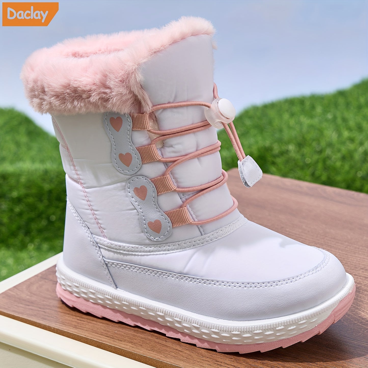 DACLAY Boys & Girls All-Weather -like Snow Boots - Lace-Up High-Top Winter Boots with Lacing System, White/Pink/Clear Strap & Heart Buckle, PU Sole & Arch for Girls & Boys ( to Youth) - All-Season Outdoor Shoes for Ice, Snow,