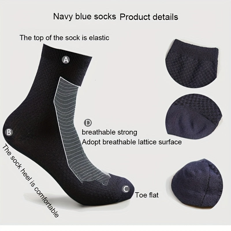[Breathable Bamboo Socks] 5 Pairs Bamboo Fiber Men's Mid Tube Socks | Breathable Business Casual Formal Socks, Double Needle Dark Square Pattern