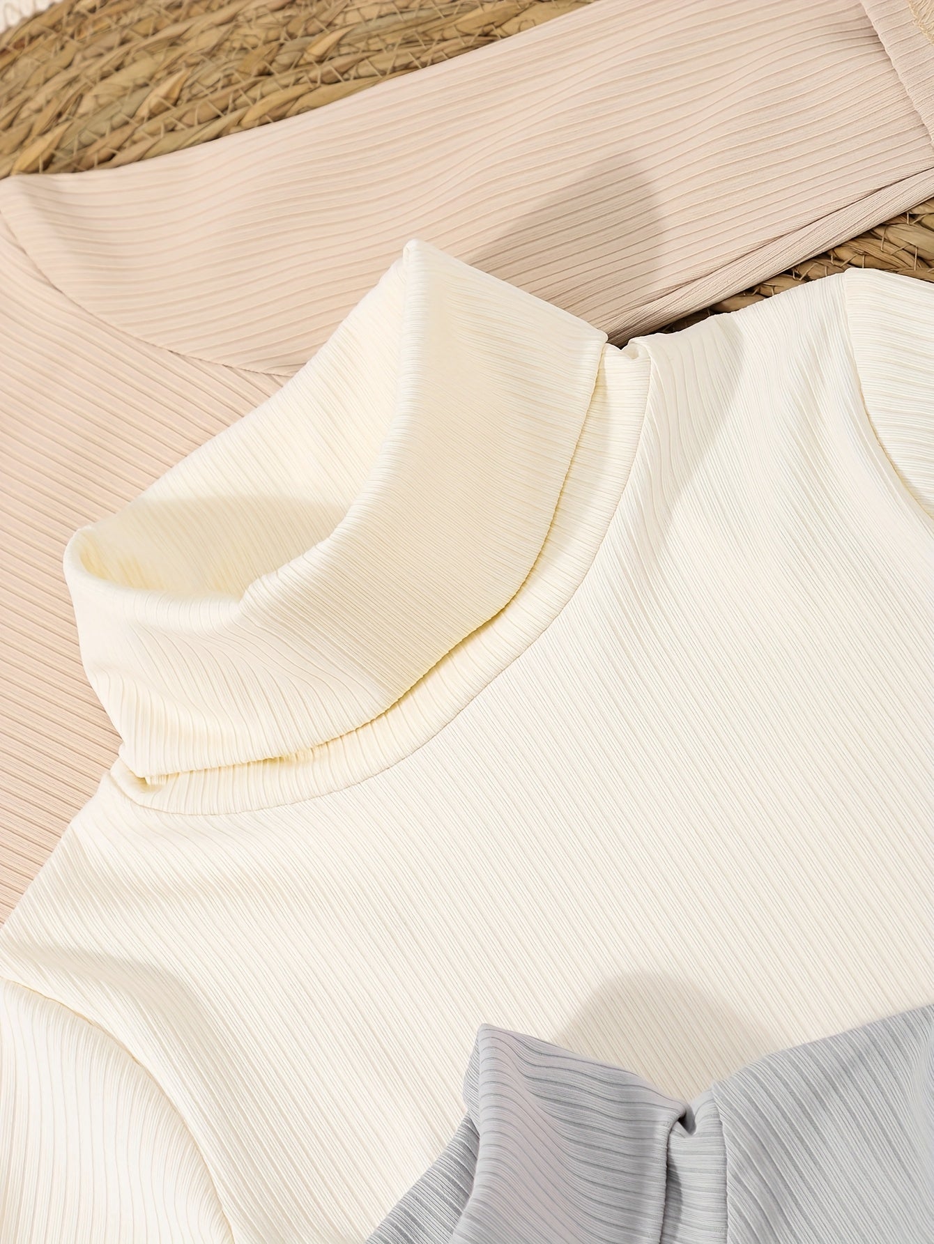3pcs Girls' Cozy Ribbed Knit Sweaters - Soft High-Neck Pullovers in Beige, White & Light Blue, Perfect for Fall/Winter Casual Wear, Winter Clothing for Girls, Playful Bear Accessory, Textured Knitwear