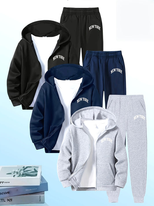 Men's 6pcs New York Print Hooded Sweatsuit Set - Urban Matching Tracksuit with Joggers & Hoodies, Machine Washable Fall/Winter Gym Wear for Training, Casual Outfits (s/) 6pcs Matching Set