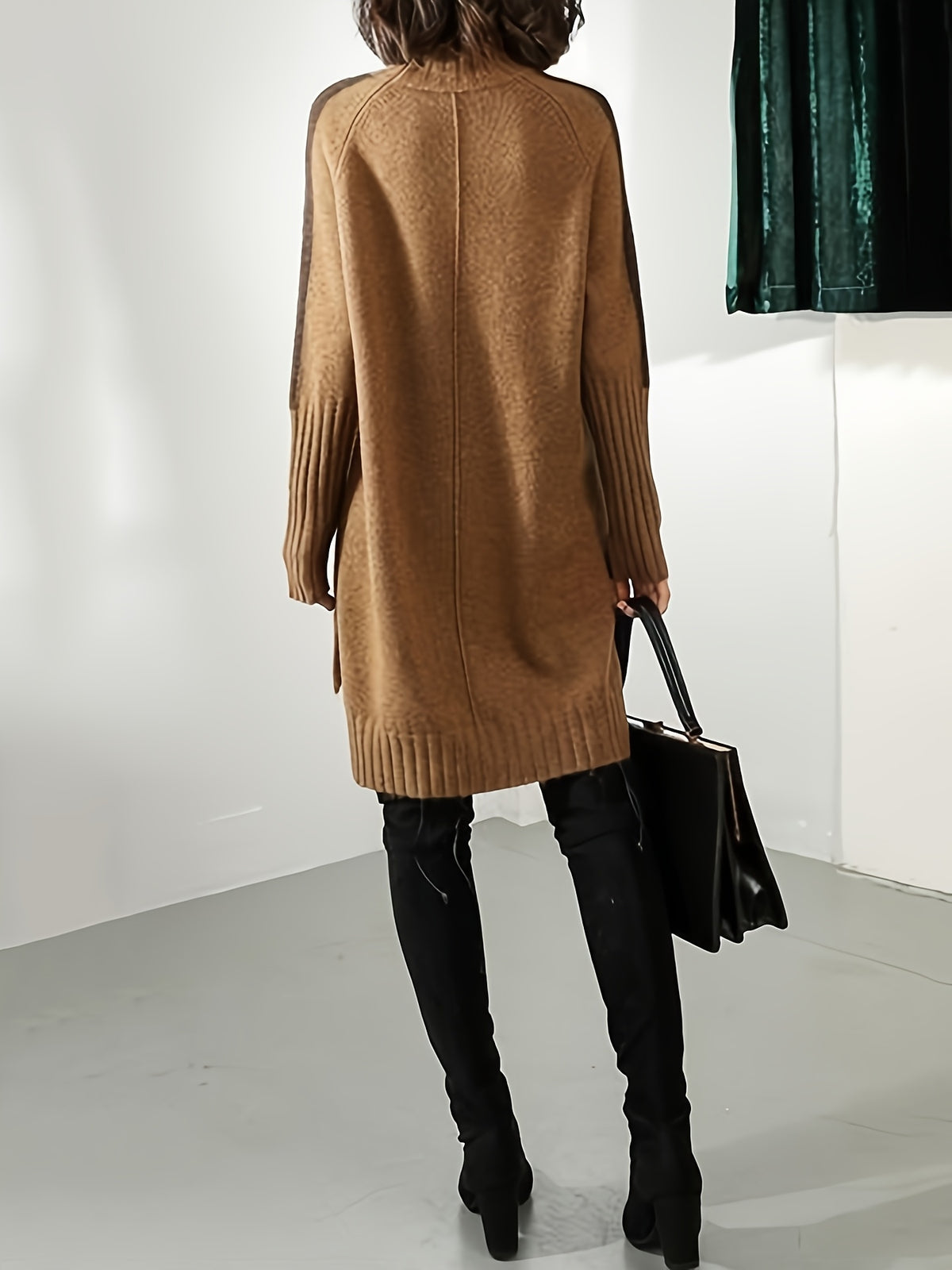 Women's Winter New Loose Elegance Long Sleeves Contrast Color Half Turtleneck Sweater Dresses