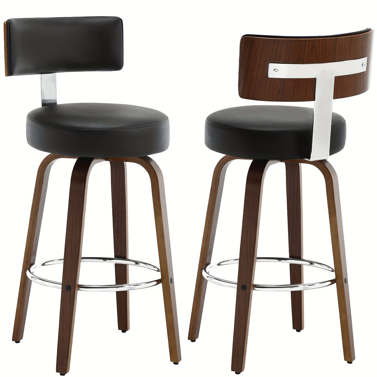Bar Stools Set of 2, Faux Leather 360° Swivel Barstools with Back and Round Seat, Modern 26"/29" Bar Height Upholstered Bar Chairs Island Stools for Kitchen Counter, Walnut Bentwood Legs