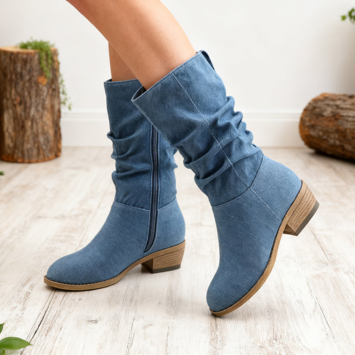 GLAZE Women's Wide Calf Slouchy Knee-High Boots - Chunky Low Heel, Beige/Brown Zipper Closure Winter Boots with Almond Toe & Round Heel, All-Season Round-Toe Trench Boots (Zippered Collar, Fabric Upper)