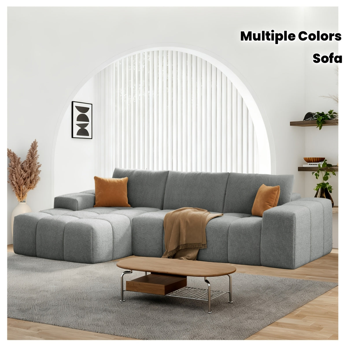 L-shaped Multi-functional Sofa Bed, Modern Fabric Sofa, Extra-large Frameless Living Room Sofa, Modern Minimalist Style with Ergonomic Design, No Assembly Required, Deep Seat Design with 3 Throw Pillows, Soft Fabric Finish (m