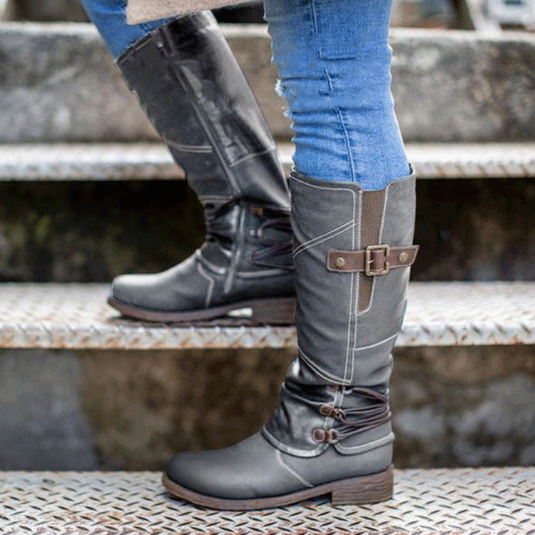 Women's Cover Round Toe Low Block Heel Boots with Buckle & Lace-Up Closure, Thick Winter Warm Cowhide for Casual Outfits, Casual Attire & Cold Weather ( Sole) - Cozy Ankle Booties for Dresses/Skirts/Trousers