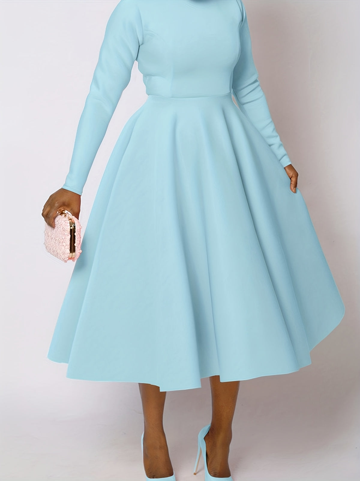 Plus Size - Plus Size, Women'S Elegant Long Sleeve A-Line Maxi Dress - Solid Emerald Green Round Neck Puff Sleeve Formal & Semi-Formal Winter Dress with Structured Waist, Floor-Length Flowing Skirt for Autumn/Winter, Casual t