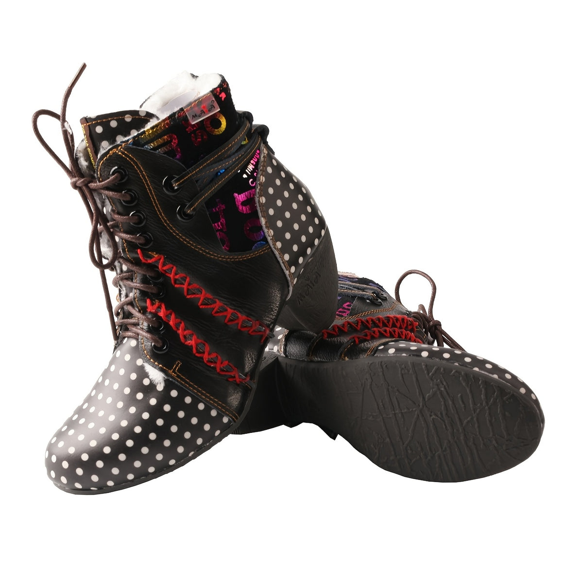 TMA EYES Polka Dot Leather Handmade Stitching Warm And Velvet Women'S Boots
