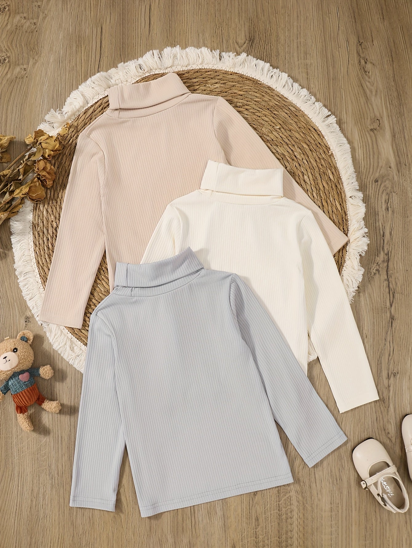 3pcs Girls' Cozy Ribbed Knit Sweaters - Soft High-Neck Pullovers in Beige, White & Light Blue, Perfect for Fall/Winter Casual Wear, Winter Clothing for Girls, Playful Bear Accessory, Textured Knitwear