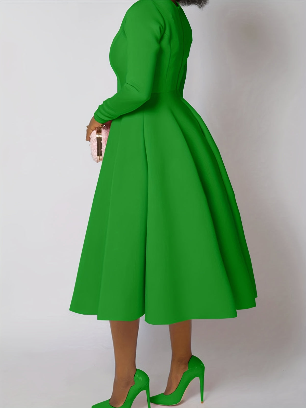 Plus Size - Plus Size, Women'S Elegant Long Sleeve A-Line Maxi Dress - Solid Emerald Green Round Neck Puff Sleeve Formal & Semi-Formal Winter Dress with Structured Waist, Floor-Length Flowing Skirt for Autumn/Winter, Casual t
