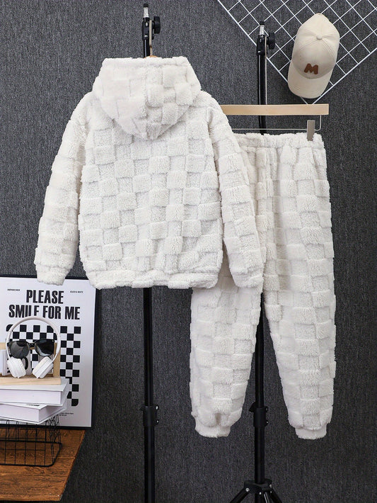 Boys' Winter Plush Hoodie & Pants Set - Cozy Letter Print Casual Outfit with "Chicago" Design, White Fleece-Lined Hooded Sweatshirt & Matching Pants, Perfect for Fall/Winter, Winter Clothing | Plush Hoodie | Fleece Lined Hood