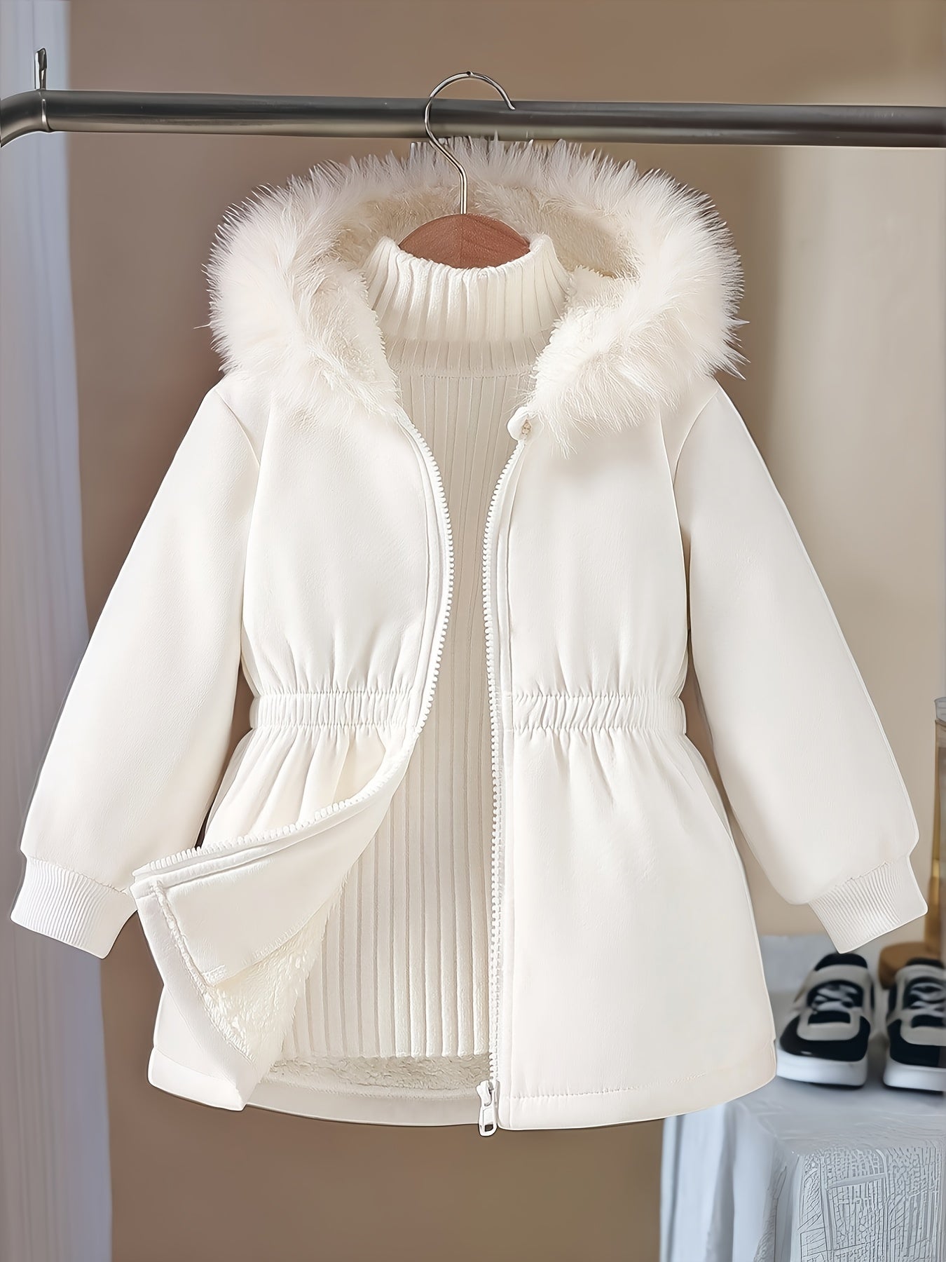 Girls' Winter Coat with Plush Hood - Long Sleeve Zipper Front, Soft Polyester Lining, Casual Chic Design for Outdoor Play & Shopping, Perfect Gift for Youngsters, Cozy Outerwear, Playful Style, Durable Coat
