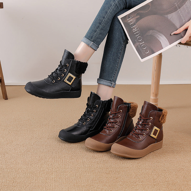 Women'S Genuine Leather Ankle Boots with Thick Mid-Heel & Zipper Closure - Round Toe Retro Winter Boots with Plush Collar, Full-Grain Upper & Rubber Sole, Hand Washable Brown Boots for Autumn Winter, Casual & Semi-Formal Outf