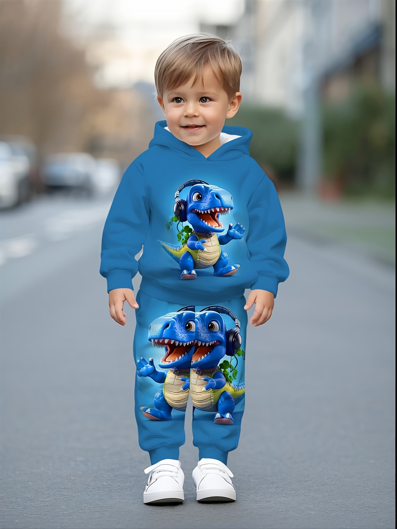 Hooded sweatshirt set for boys and children, cute cartoon dinosaur print, casual and comfortable set for autumn and winter, Perfect for Outdoor