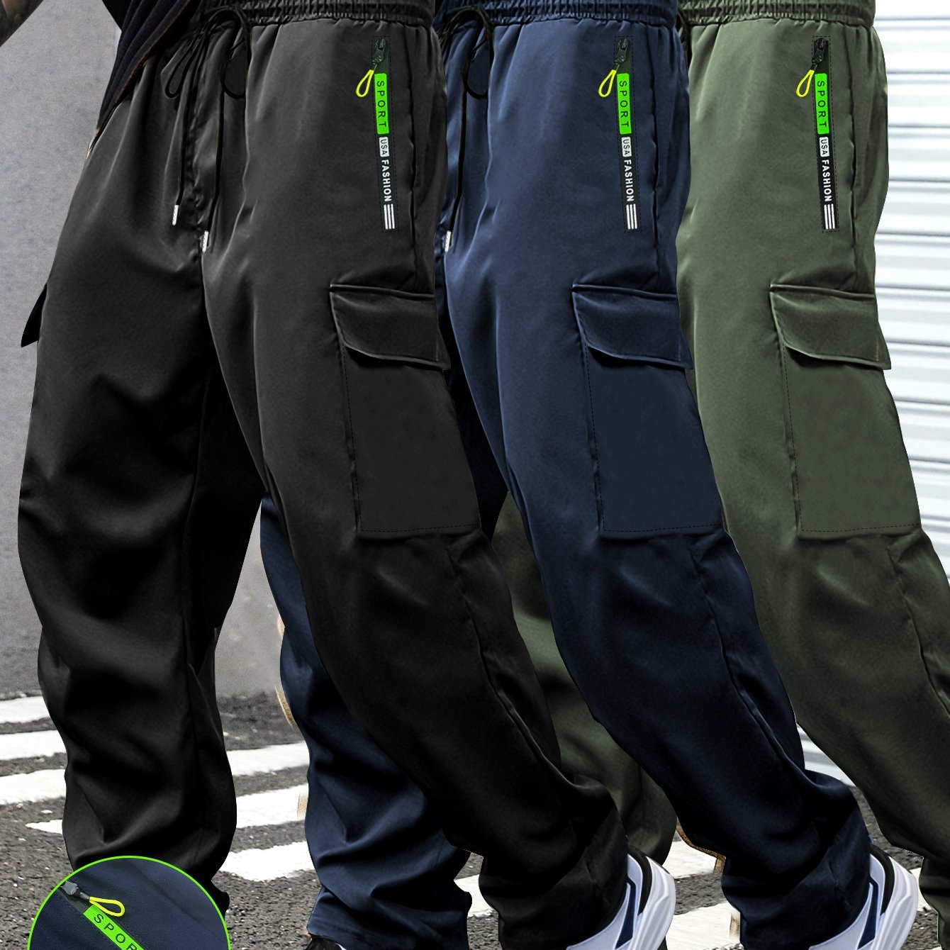 3-Pack of Men'S Thin Work Pants with Drawstring Elastic Waistband, Zipper Pockets, Large Patch Pockets, Comfortable And Breathable, Suitable for Outdoor Daily Leisure