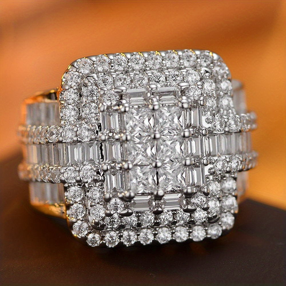 S925 Sterling Silver Wedding Ring for Women, Princess Square Design, Luxurious Cluster Setting, Suitable for Daily Wear, Proposal, Valentine'S Day Gift, Girlfriend, Mother Gift, 5A Zirconia, Rhodium Plated, All Seasons, Gift-