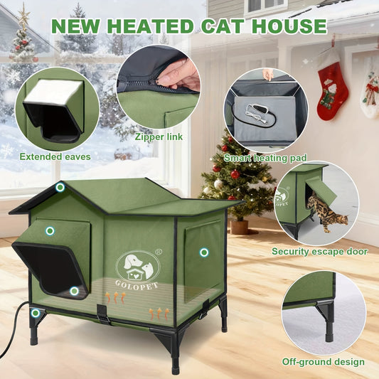Outdoor Cat House With Heated Pad And Elevated Dog Bed, Detachable Pet Heating Pad, Adjustable Temperature, Machine-Washable Cover, Two Sizes For All Types Of Cats And Small Dogs, Suitable For Both Indoor And Outdoor Use.