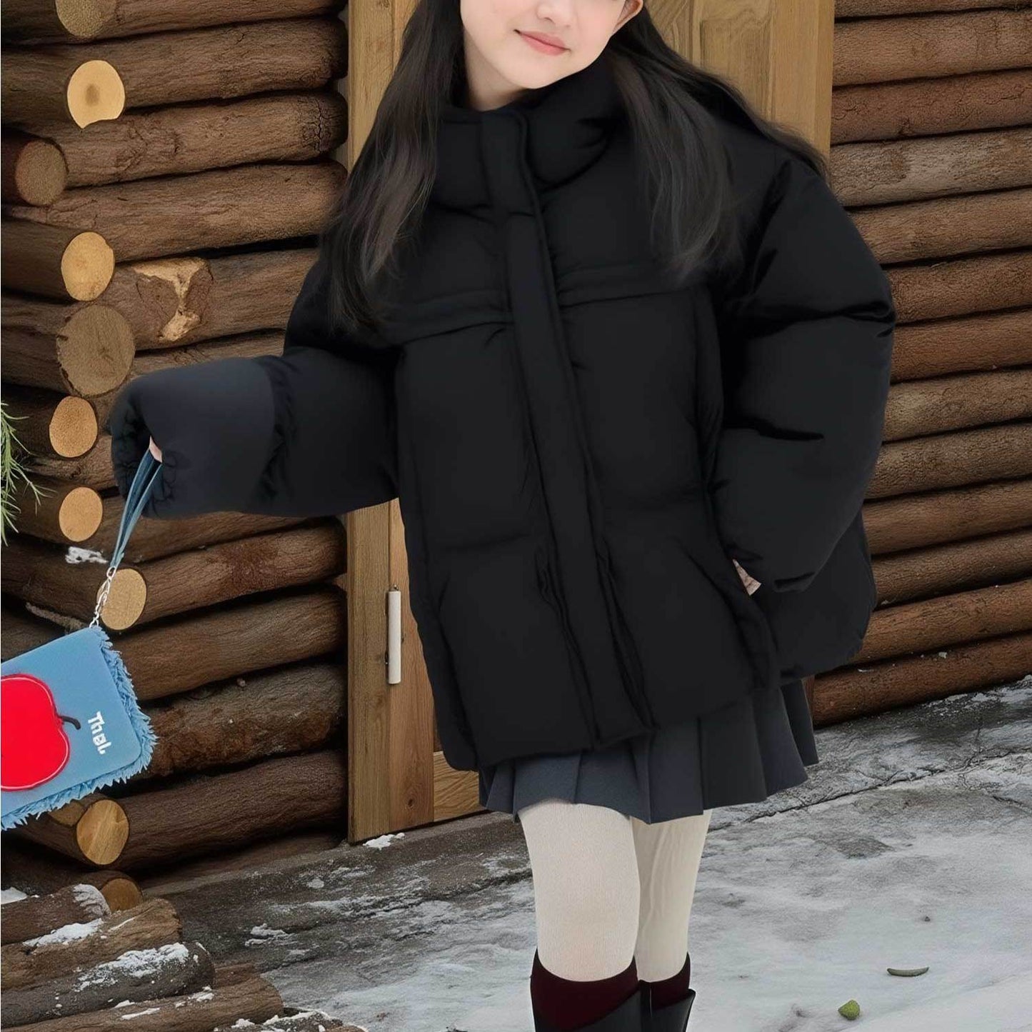 Cute And Versatile Winter Outfit for Young Girls, Featuring a Light Pink Fluffy Jacket with a Hood And a Soft Texture, Plus a Warm And Thick Coat, Perfect for The Autumn And Winter Seasons.
