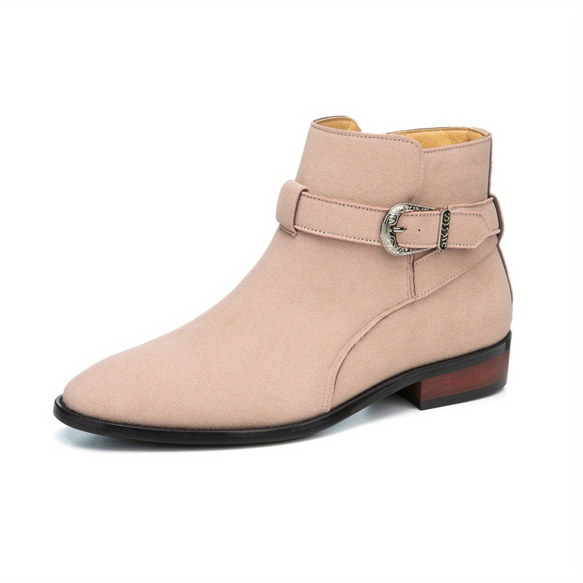 Women's Slip-On Buckle Ankle Boots - Round Toe Mid-Calf Boots with Metallic Buckle Closure, All-Season Comfort for Weddings, Parties & British Style, Beige & Pink