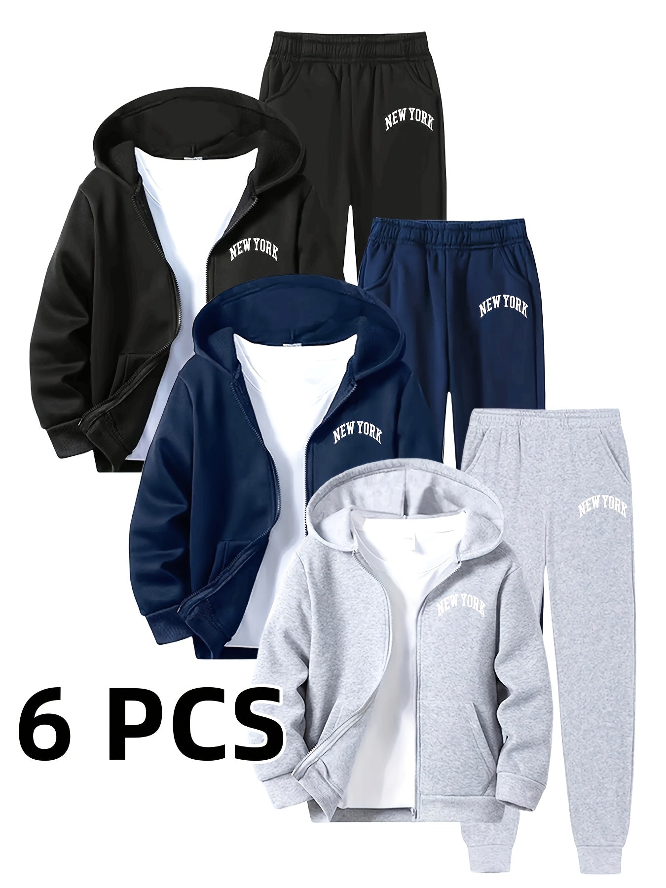 [ 6pcs Set ] Autumn New Men'S Hooded Sweatshirt Set, Both Sweatshirt And Sweatpants Are Printed with The Words "NEW YORK", Highlighting The Urban Trend. Regular Version, Machine Washable, Suitable for Daily Leisure And Outdoo